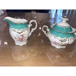 Vintage Schumann Bavaria Germany Empire Sugar And Creamer Set Floral Gold